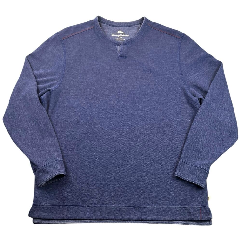 Tommy Bahama Men L Blue Heathered Notch Neck Pullover Sweatshirt Marlin Logo
